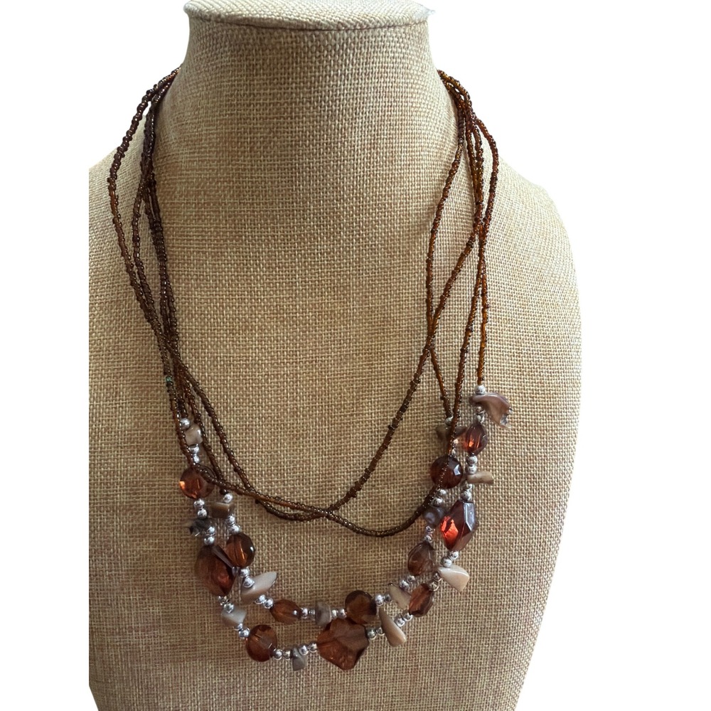 Multi Strand Beaded Necklace Amber Color‎ Brown Silver Tone Boho Layered